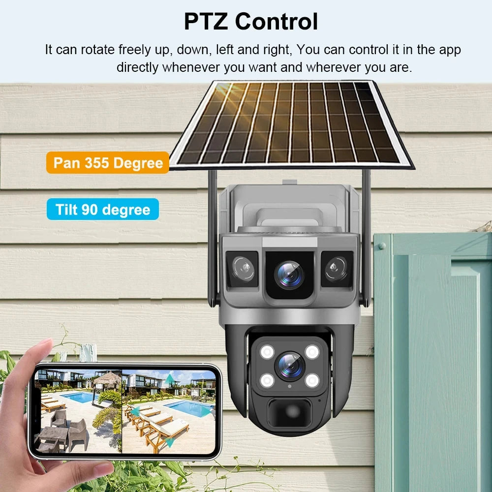 Dual Lens Three Screens WIFI Solar Camera 12MP 10X Zoom CCTV Outdoor Automatic Tracking Humanoid Detection Support PTZ IP66 Cam 