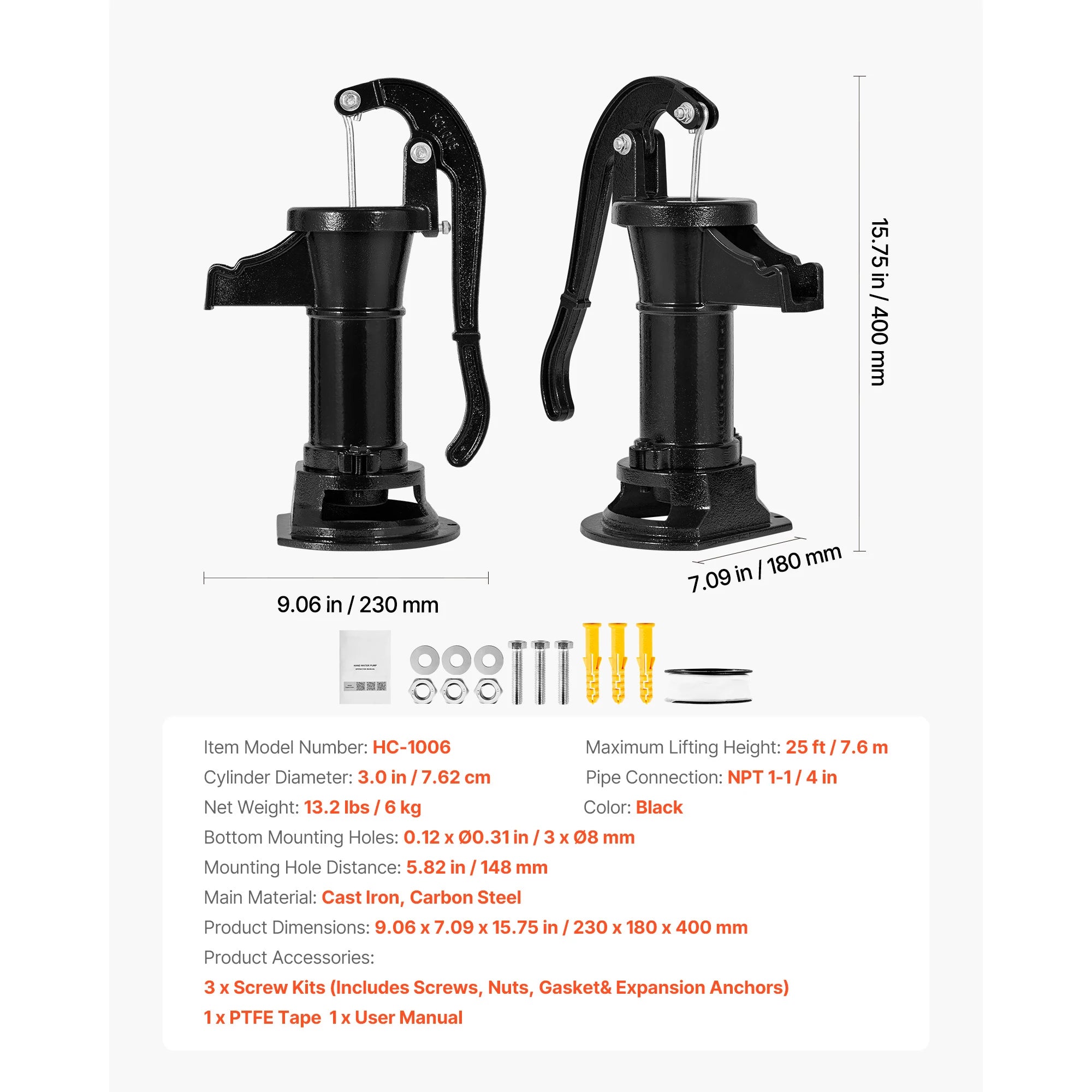 SucceBuy Handpump för kanna 25 ft maximal lyfthöjd gjutjärn NPT 1-1/4 in anslutning för trädgårdsdamm gård röd/svart/gul/grön