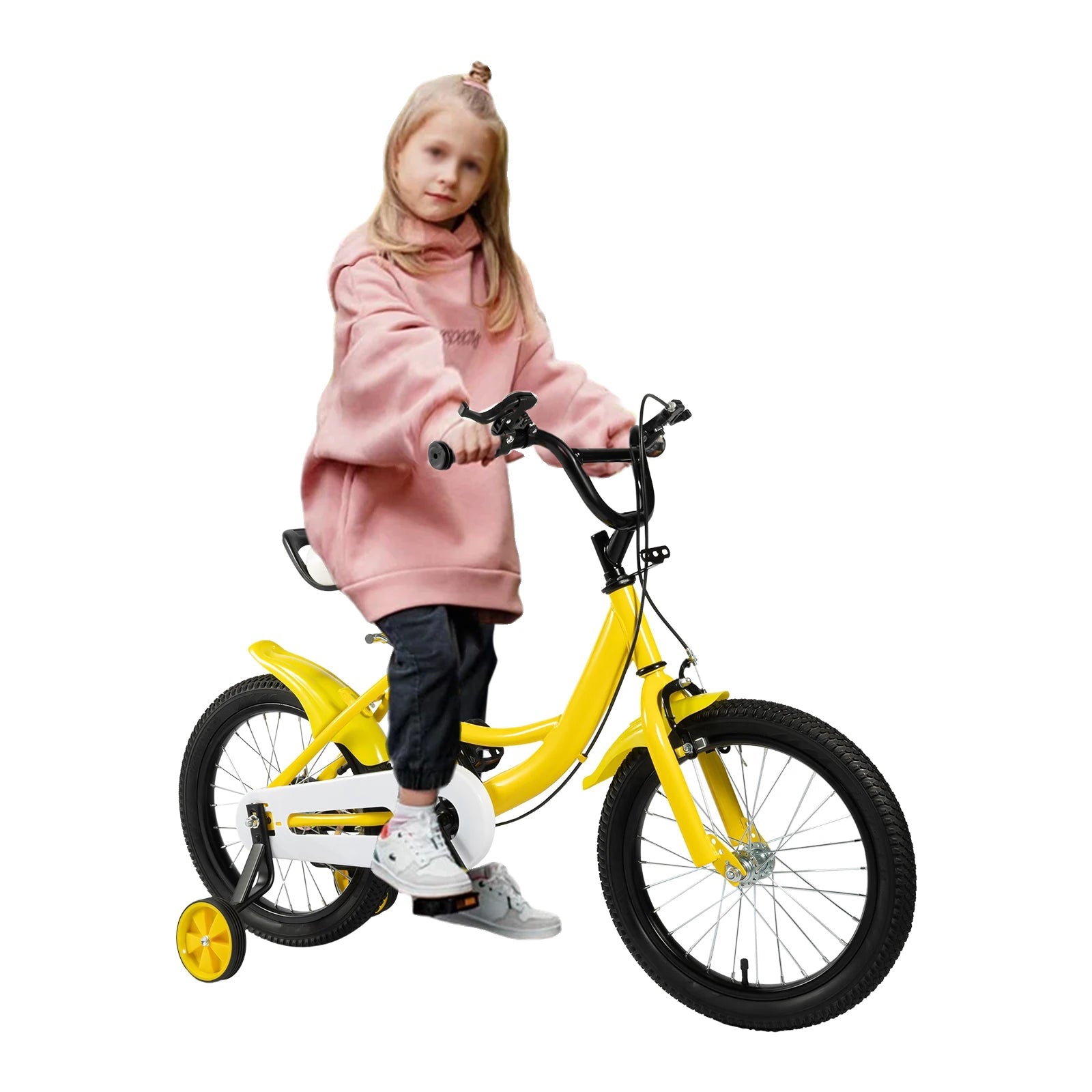 16 Inch Kids Bike Adjustable Height Dual Brakes Children's Bicycle Load 50kg w/ Training Wheels for Ages 5-8 (Pink/Green/Yellow) 