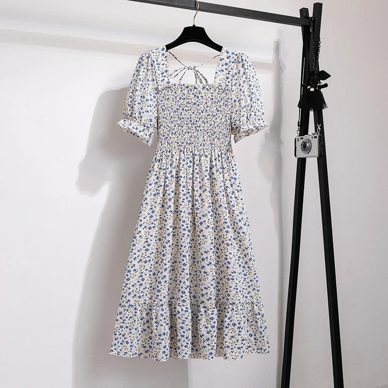 Spring Summer Chiffon Dresses Fashion Female Elastic Waist Short Sleeve Pleated Casual Dress Women A-line Dresses Vestidos 
