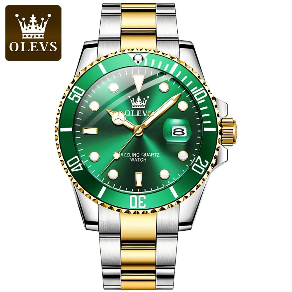OLEVS Top Original Men Quartz Watch Green Waterproof Watch for Men Stainless Steel Quartz Men Luxury Watch Luminous Wristwatch 