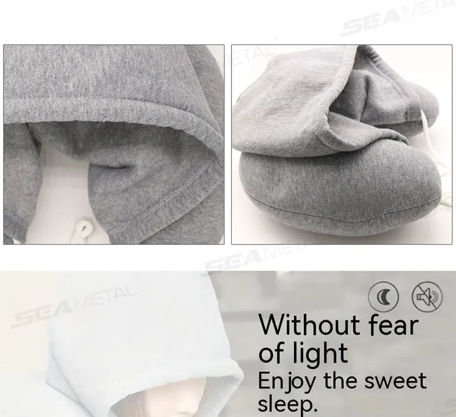 SEAMETAL Portable Neck Pillow for Long Travel U-Shape Neck Rest Pillow with Hood Privacy Protection Passenger Headrest Pillow