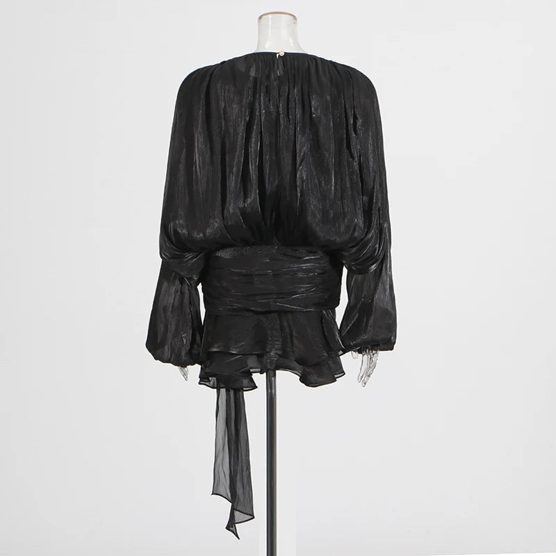 TWOTWINSTYLE Solid Patchwork Lace Up Blouse Mini Dresses For Women V Neck Long Sleeve Sweet Style Dress Female Clothing Fashion 