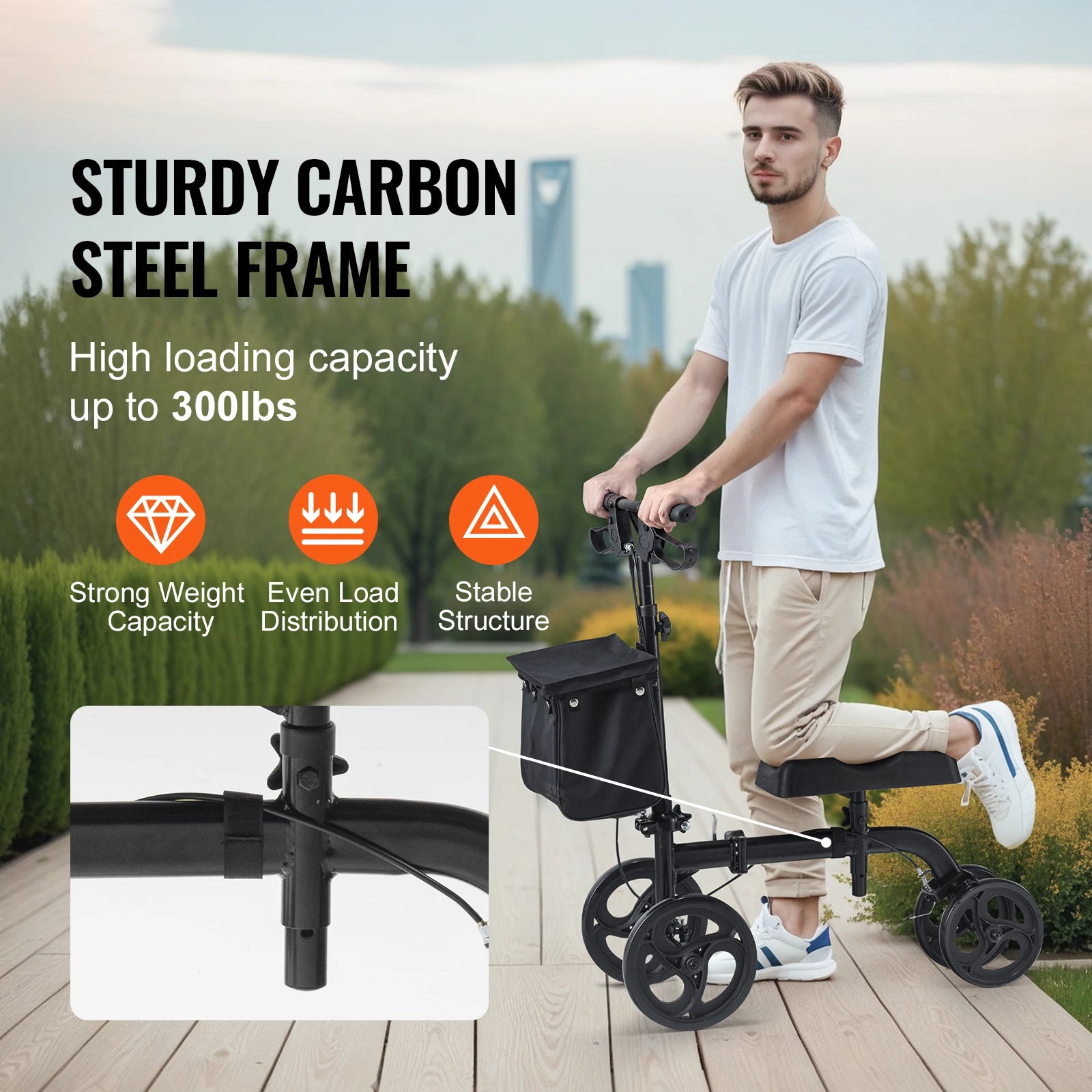 SucceBuy Folding Knee Scooter Carbon Steel Steerable Knee Walker w/ Height-Adjustable Handlebar All-Terrain Solid Wheels Scooter
