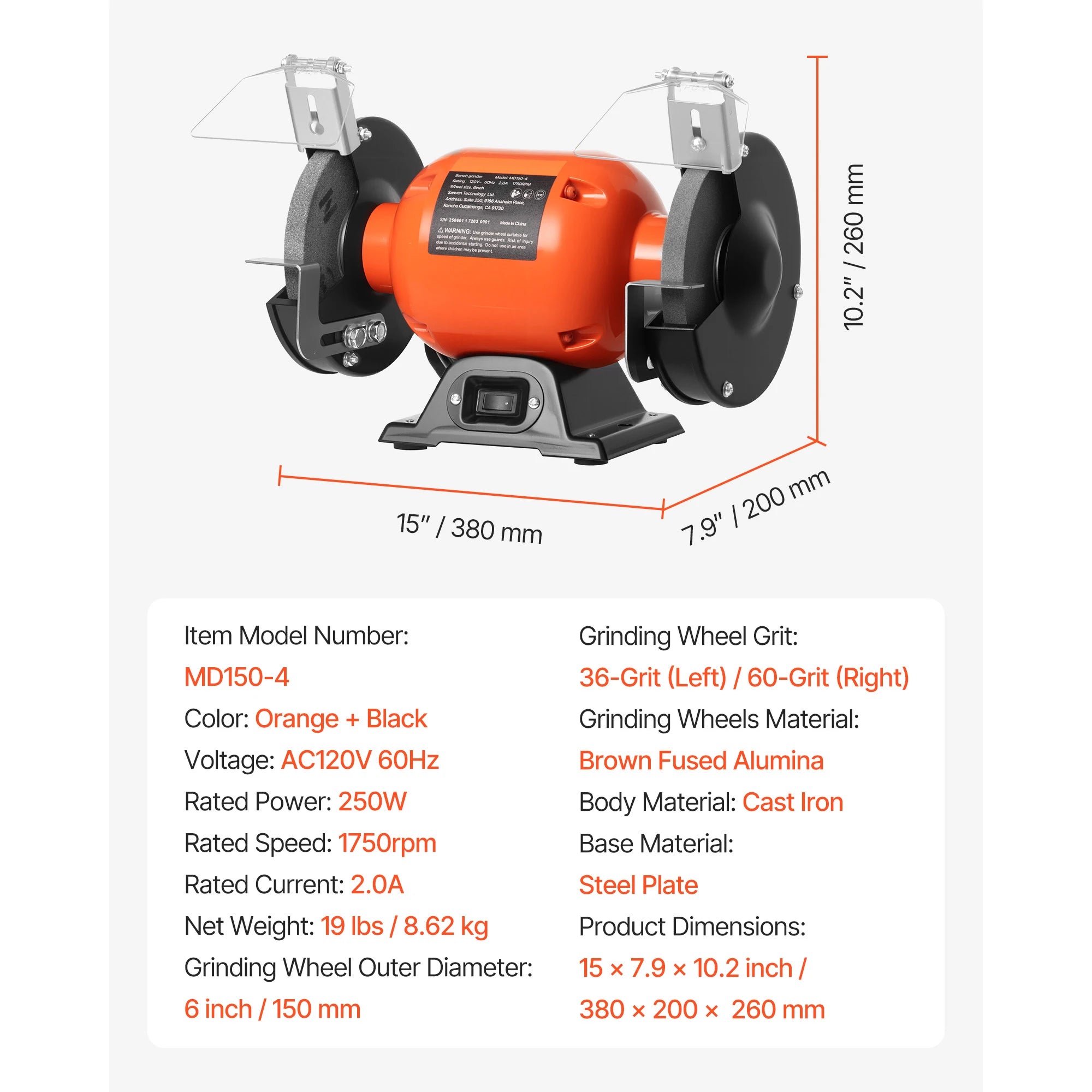 6-Inch Bench Grinder 1750RPM Low-Speed with Adjustable Tool Rest