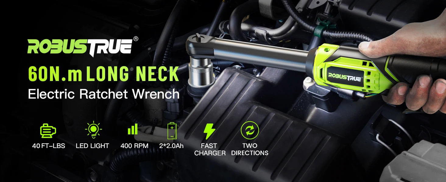 3/8 Cordless Ratchet Wrench Kit, 6-Inch Extended, 40 Ft-lbs, 400 RPM, 2.0Ah Battery
