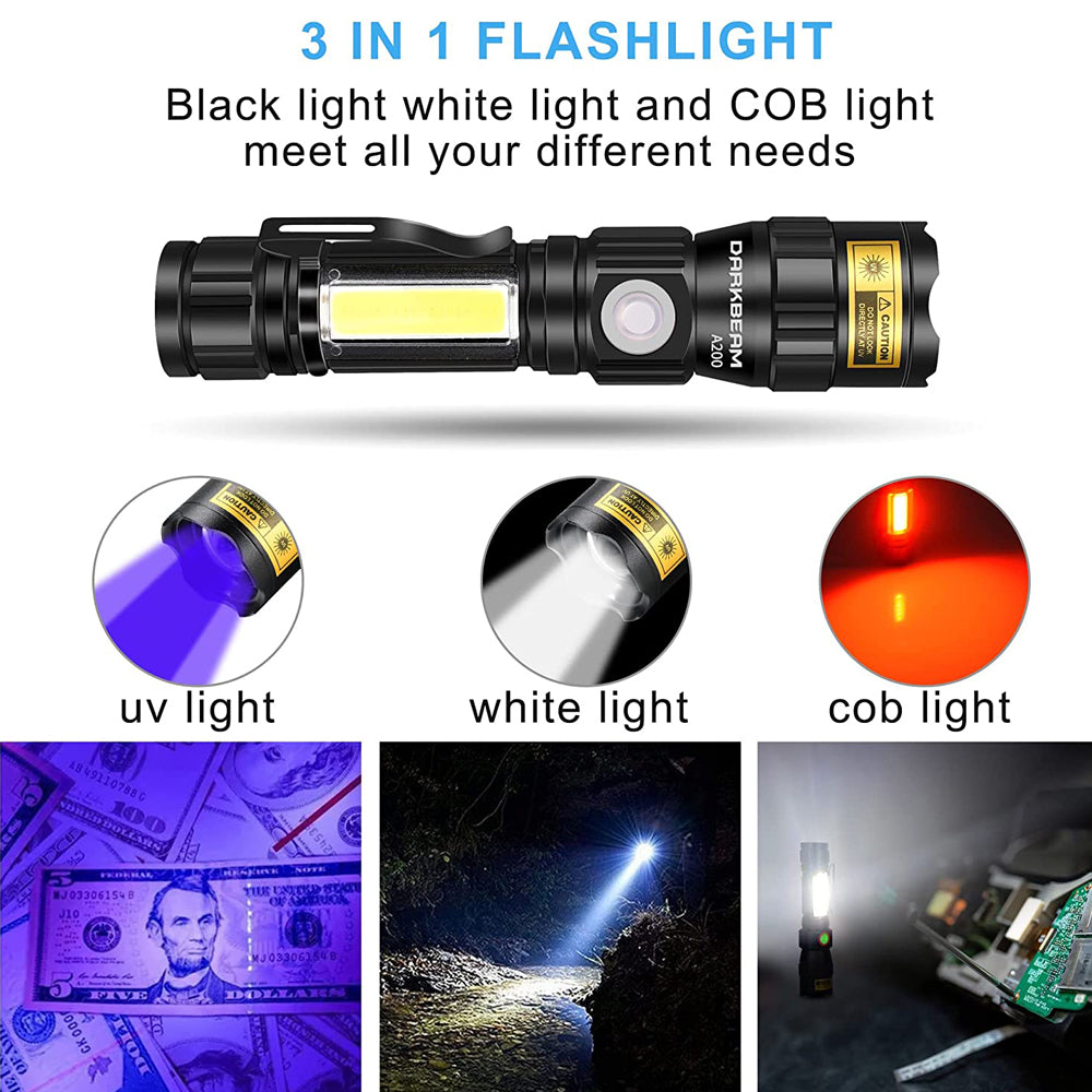 Rechargeable LED and UV Flashlight with COB Light
