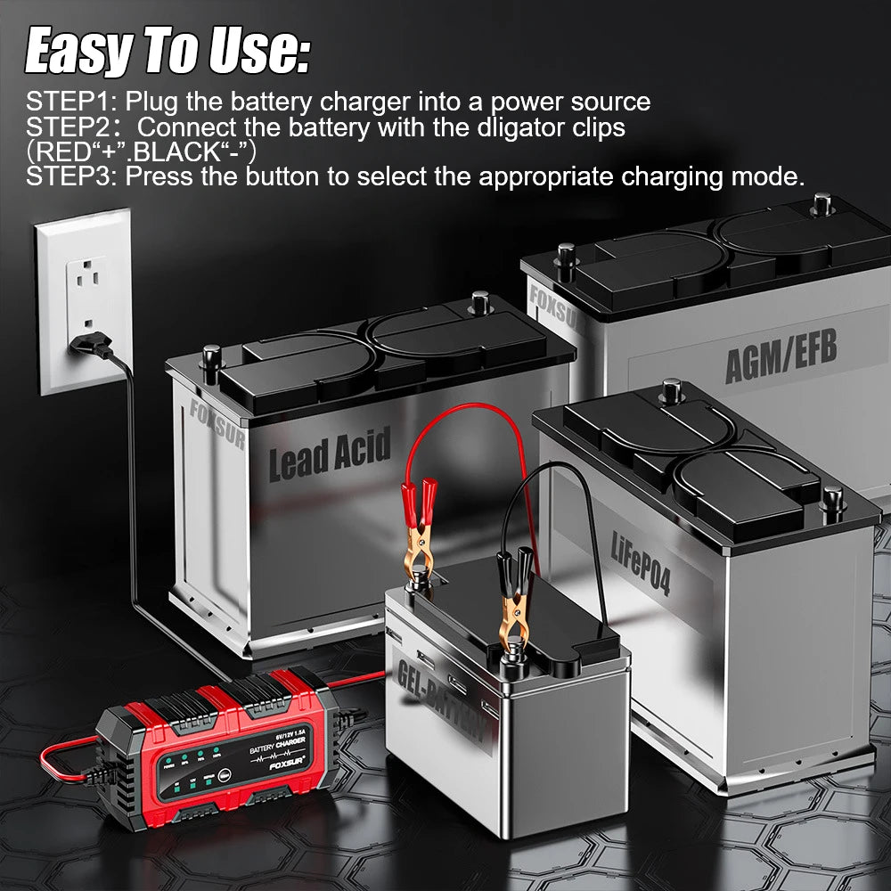 6 V / 12 V automatisk batterioplader, 1.5 A