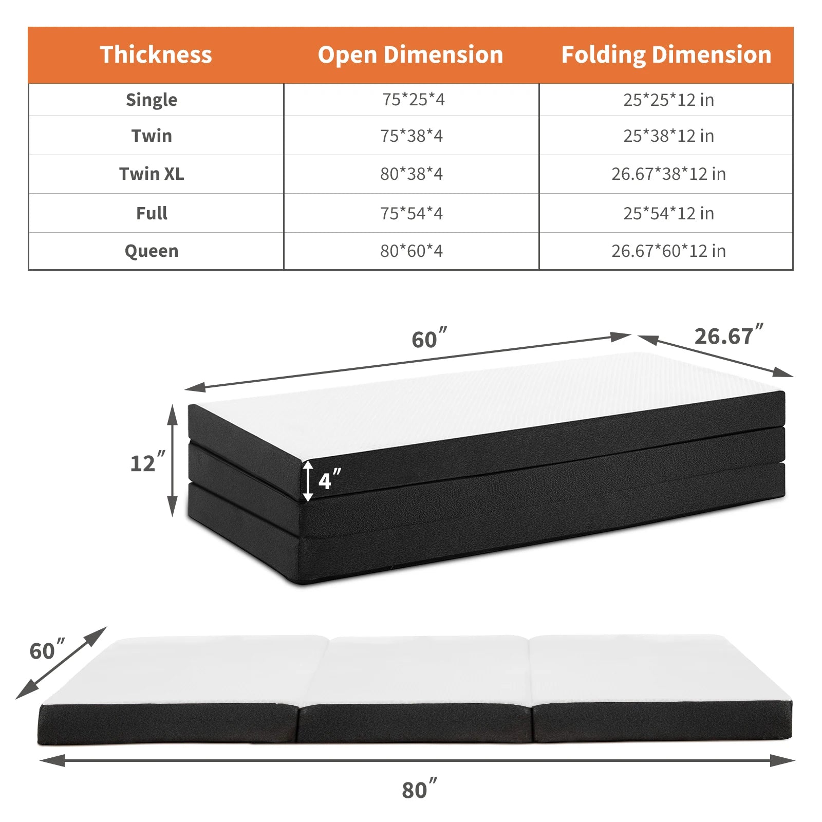 Tri-Fold Memory Foam Mattress with Washable Cover for Travel