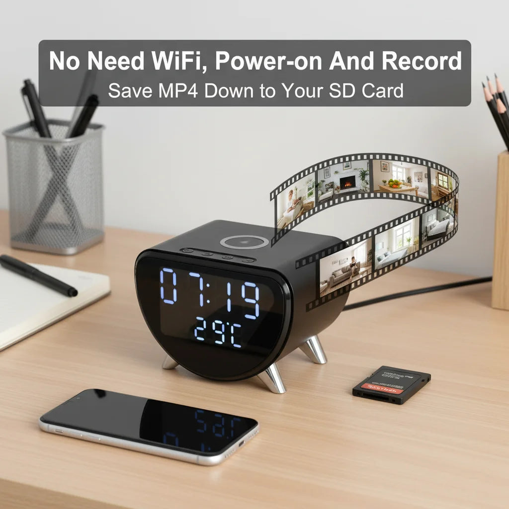 4K UHD WiFi Clock Camera, Indoor Surveillance with Motion Detection, Remote Real-Time View & Video Recording, Qi Wireless Charging Compatible, Suitable for Home Office Warehouse, Elegant Minimalist Design, TF Card Storage (No