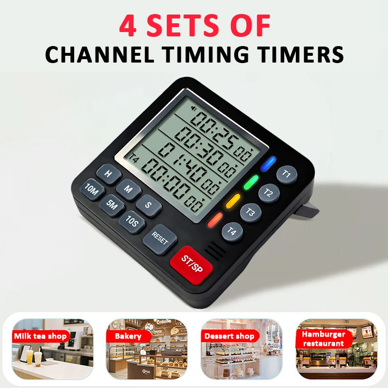 4-Channel Digital Kitchen Timer with Mute Light Alert