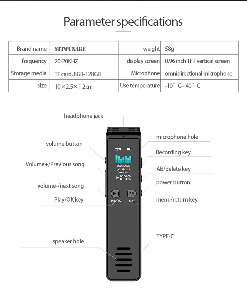 Voice Activated Recorder Bluetooth Digital Professional Sound Recording Device Audio Listening Dictaphone STTWUNAKE 