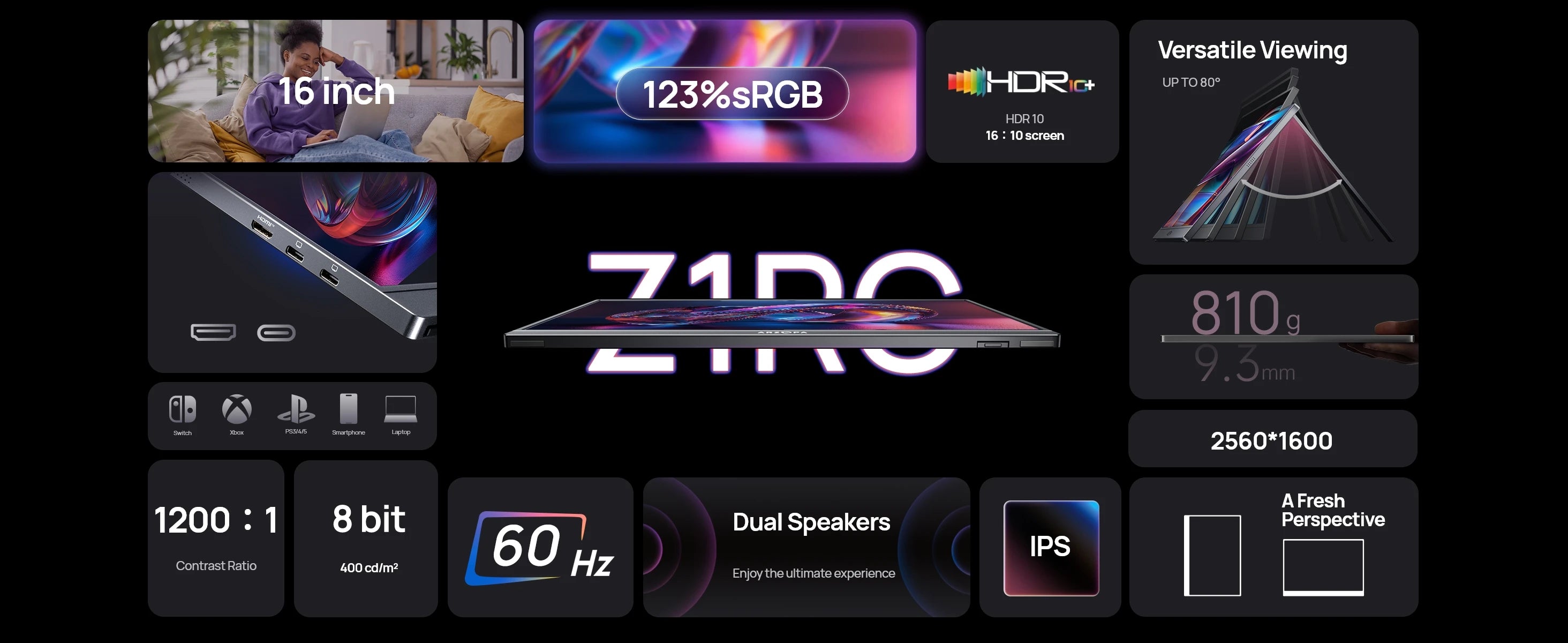 ARZOPA 16calowy 2K przenośny monitor 16:10 ekran IPS z mini HDMI typu C drugi wyświetlacz do MAC/laptopa/PC/Xbox/PS4/5/Switch,Z1RC