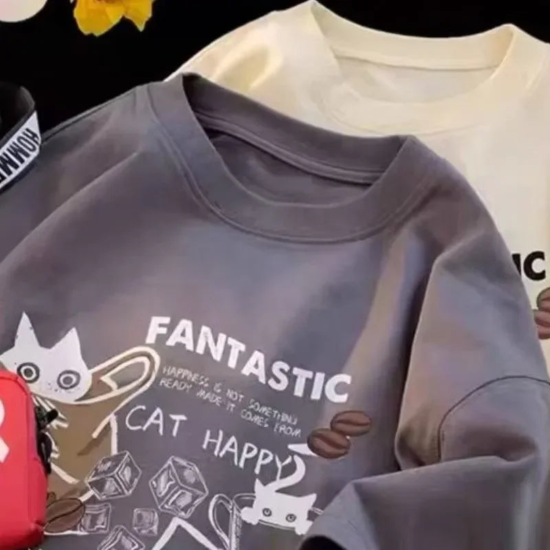 New Summer Korean Style Fun Cartoon Print T-shirt Man Women Unisex Oversized Plus Size Tshirt Trendy Tees Large Size Universal 