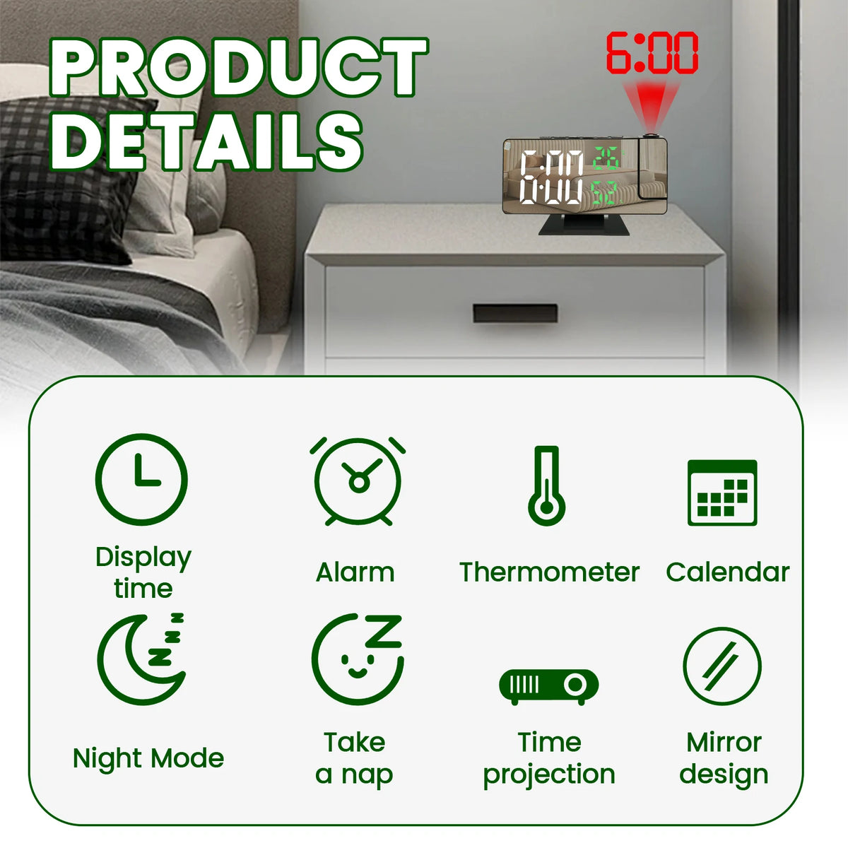 Projection Alarm Clock with Mirror Display