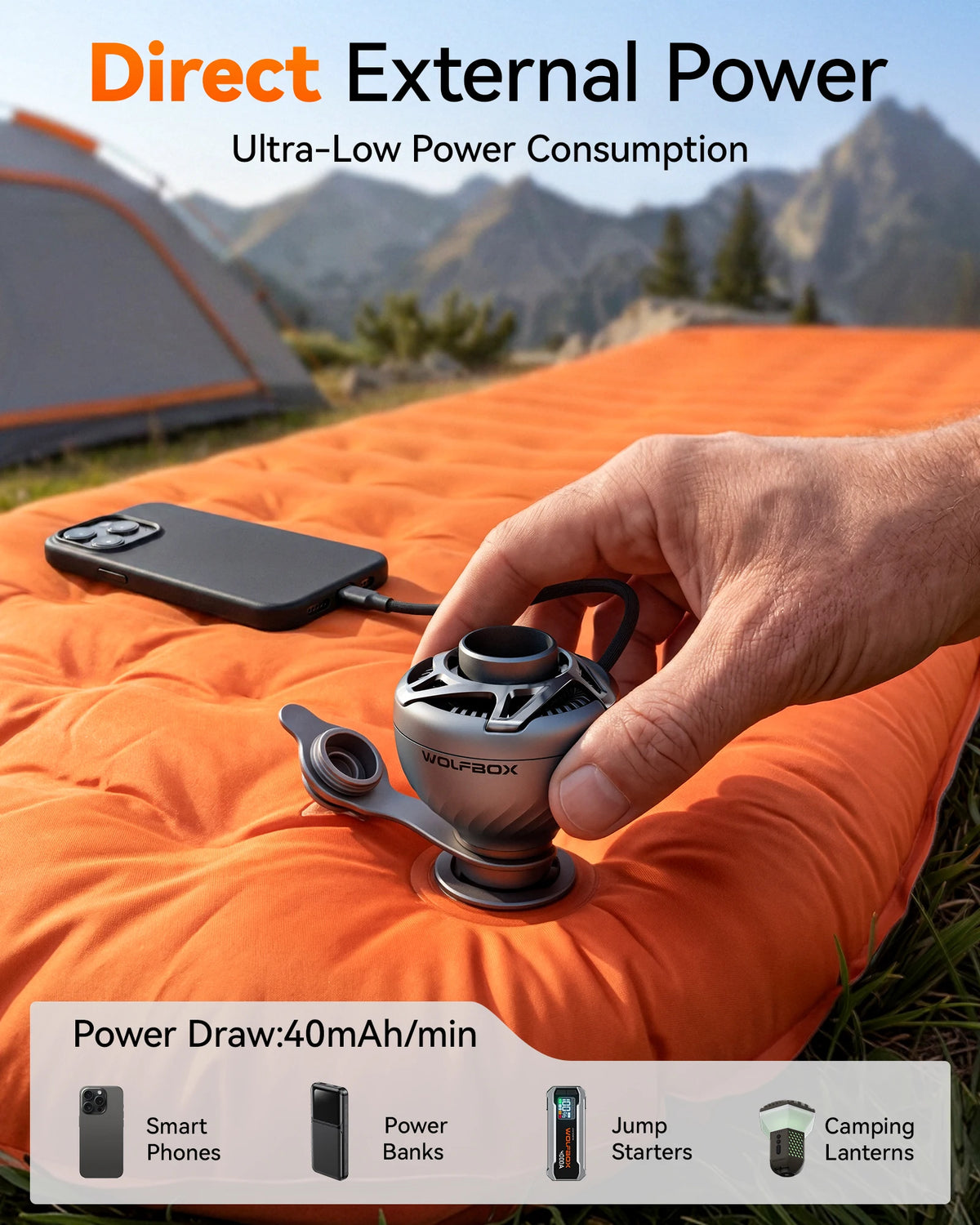 WOLFBOX MFMINI luftpump trådlös kompressor camping uppblåsbar deflate säng mattor flytande livboj bärbar utomhus inflator pump