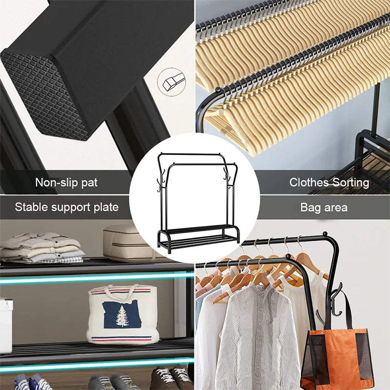 Double Rail Standing Clothes Rack with Storage Shelves