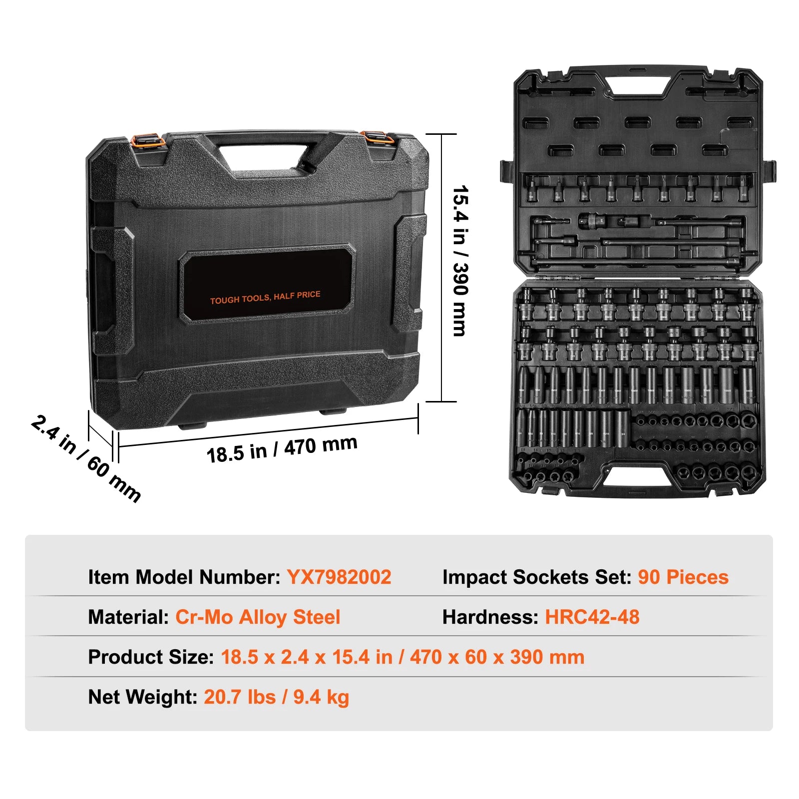 Set udarnih nasadnih ključeva 1/2'' pogon SAE i metrički, duboki/standardni 26–65 komada