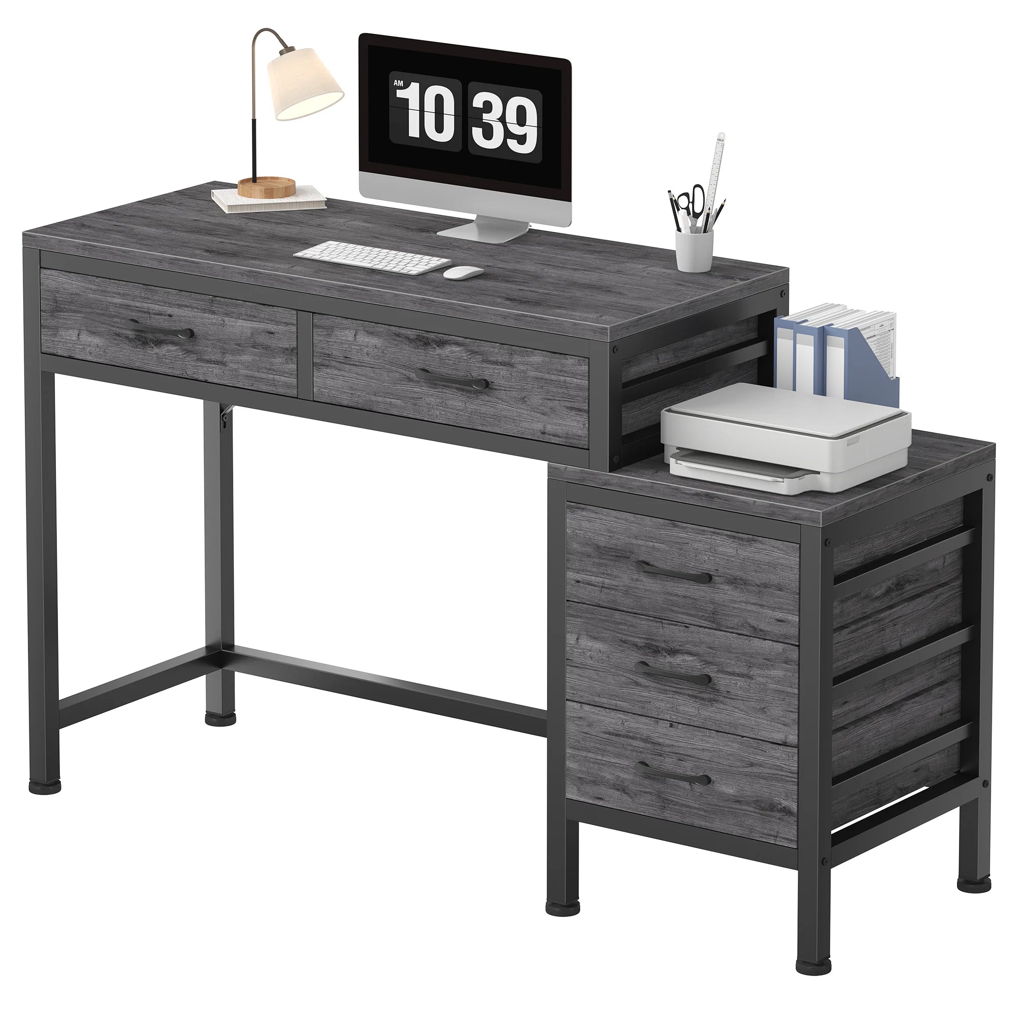 51" Computer Desk with 5 Drawers and Printer Stand Storage