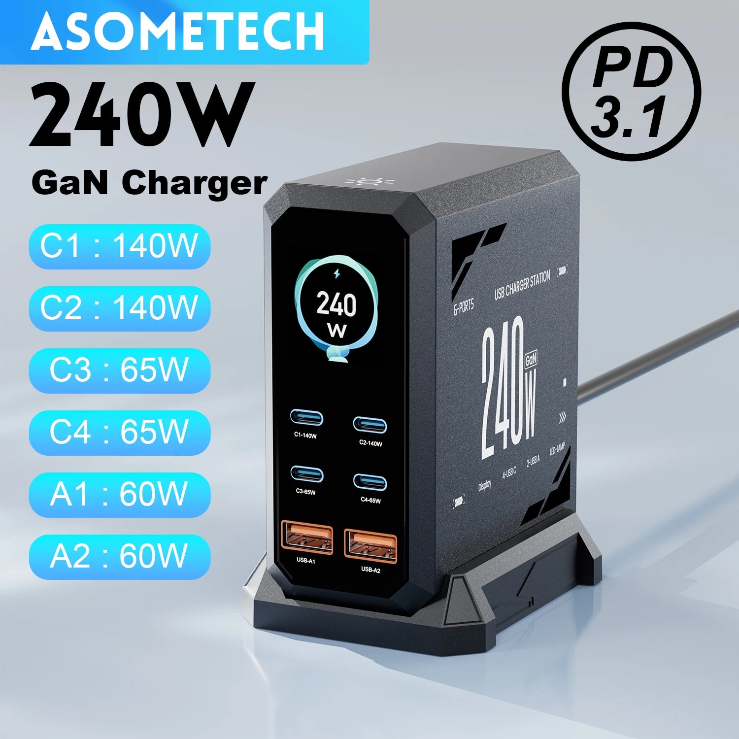 240W GaN rychlá nabíjecí stanice 6v1 USB-C a USB-A stolní nabíječka