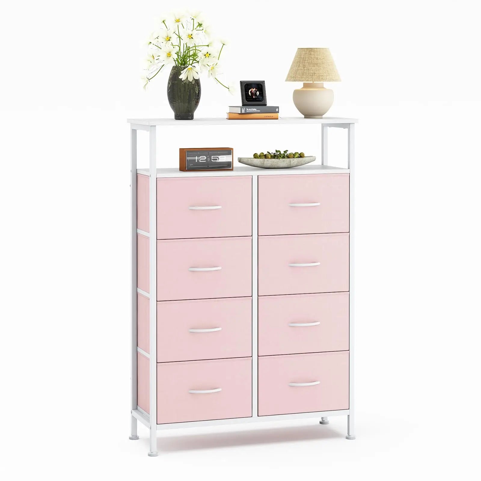 8 Drawer TV Stand with Wooden Top and Storage Cabinet