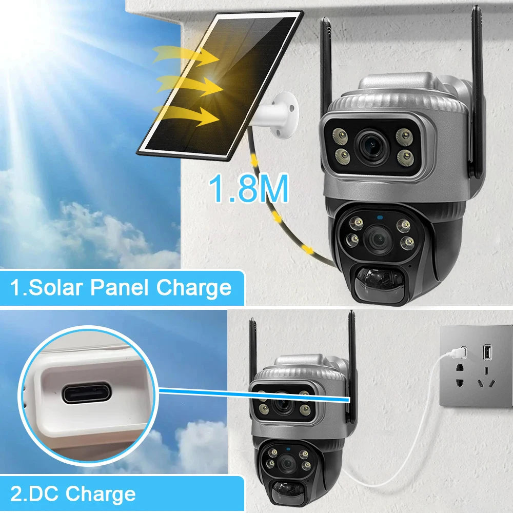 8MP 4K Solar Camera 4G Wifi Outdoor Dual Lens PIR Human Detection Night Vision Waterproof Security Solar Battery CCTV Monitor 