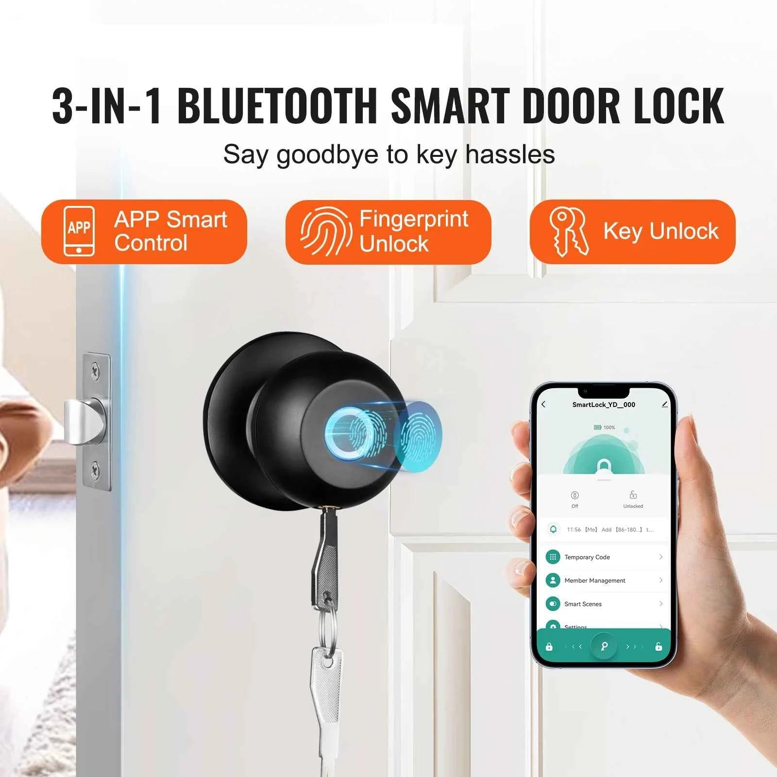 VEVOR Smart Door Knob Biometric Door Lock Bluetooth Smart Lock Fingerprint Smart Lock with APP Control Easy Installation Lock
