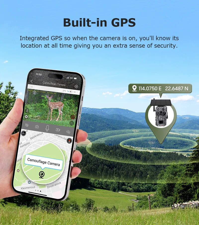 5MP 4G Solar Trail Camera with GPS, 3 PIR Sensors, 125° Detection, 0.2s Trigger, 940nm IR, IP66 Waterproof