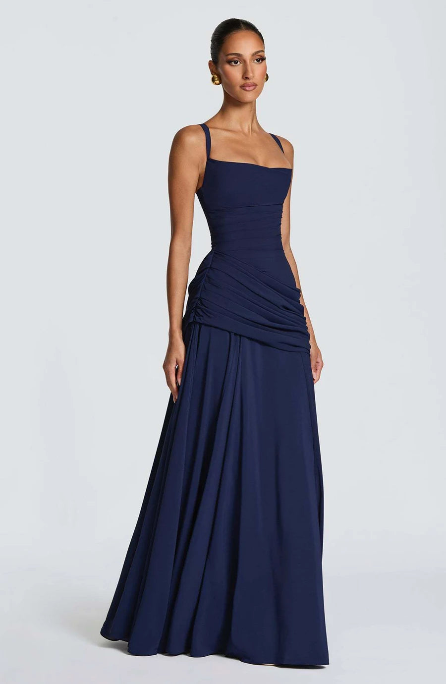 Women’s Elegant Ruched Backless Maxi Dress with Square Neck
