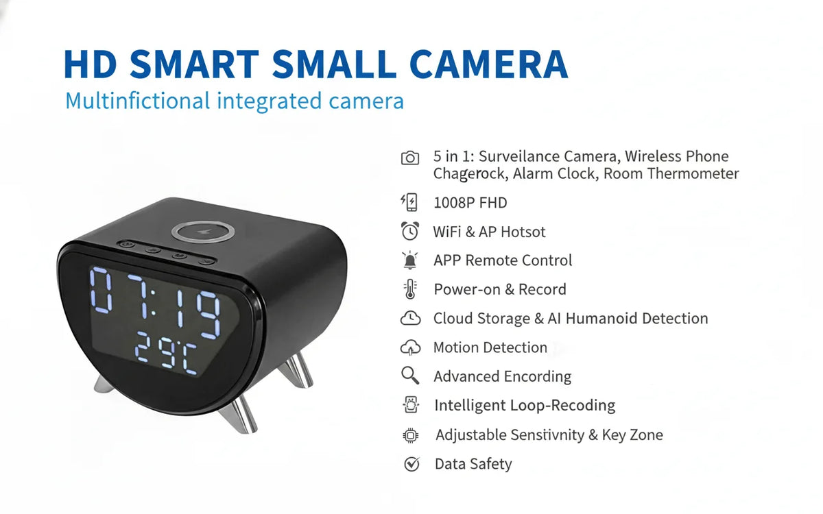 4K UHD WiFi Clock Camera, Indoor Surveillance with Motion Detection, Remote Real-Time View & Video Recording, Qi Wireless Charging Compatible, Suitable for Home Office Warehouse, Elegant Minimalist Design, TF Card Storage (No