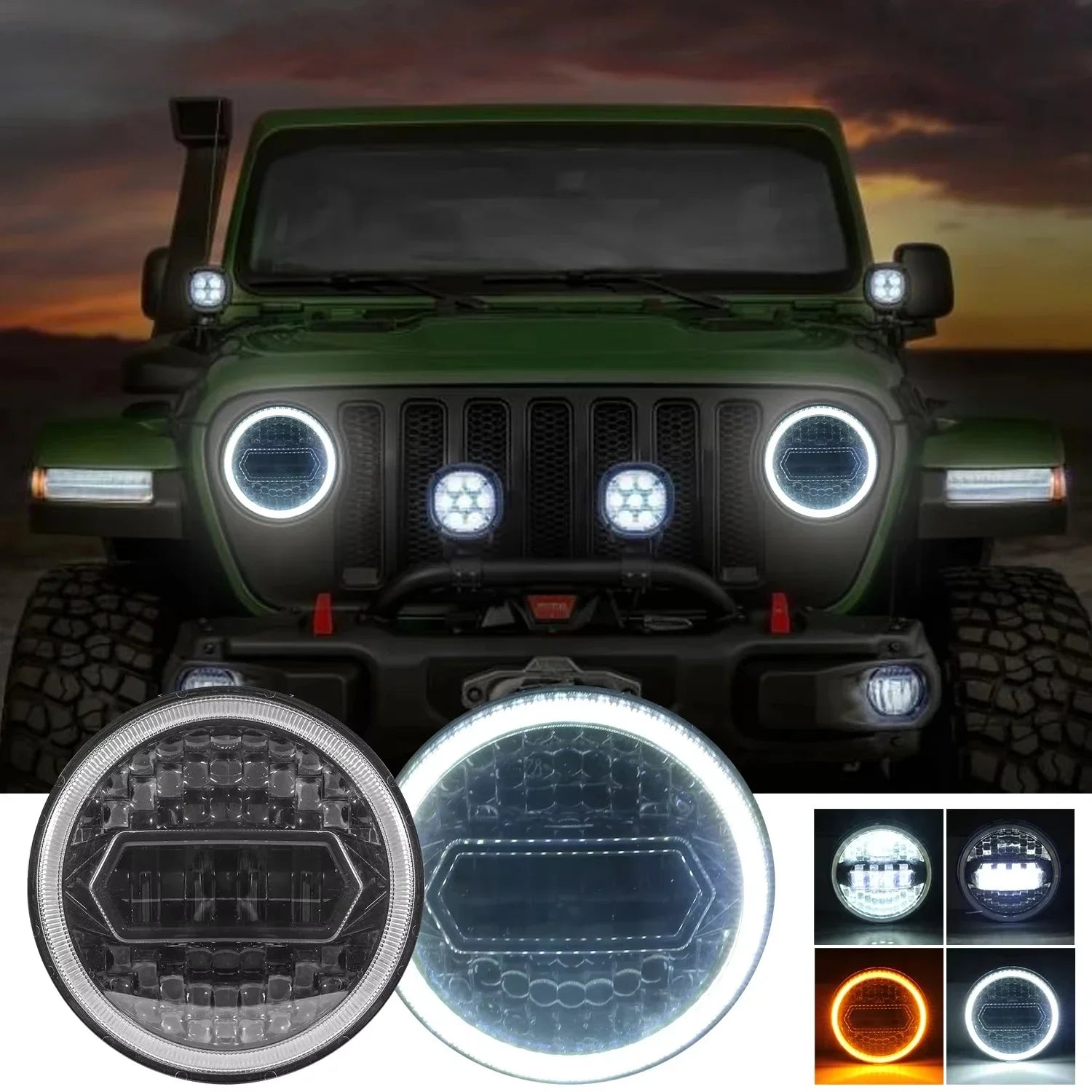 2PCS 7 inch LED Round Headlight DRL Round 7'' Car Moto Light with Yellow & White Angel Eye for Jeep Wrangler Harley Lada Niva