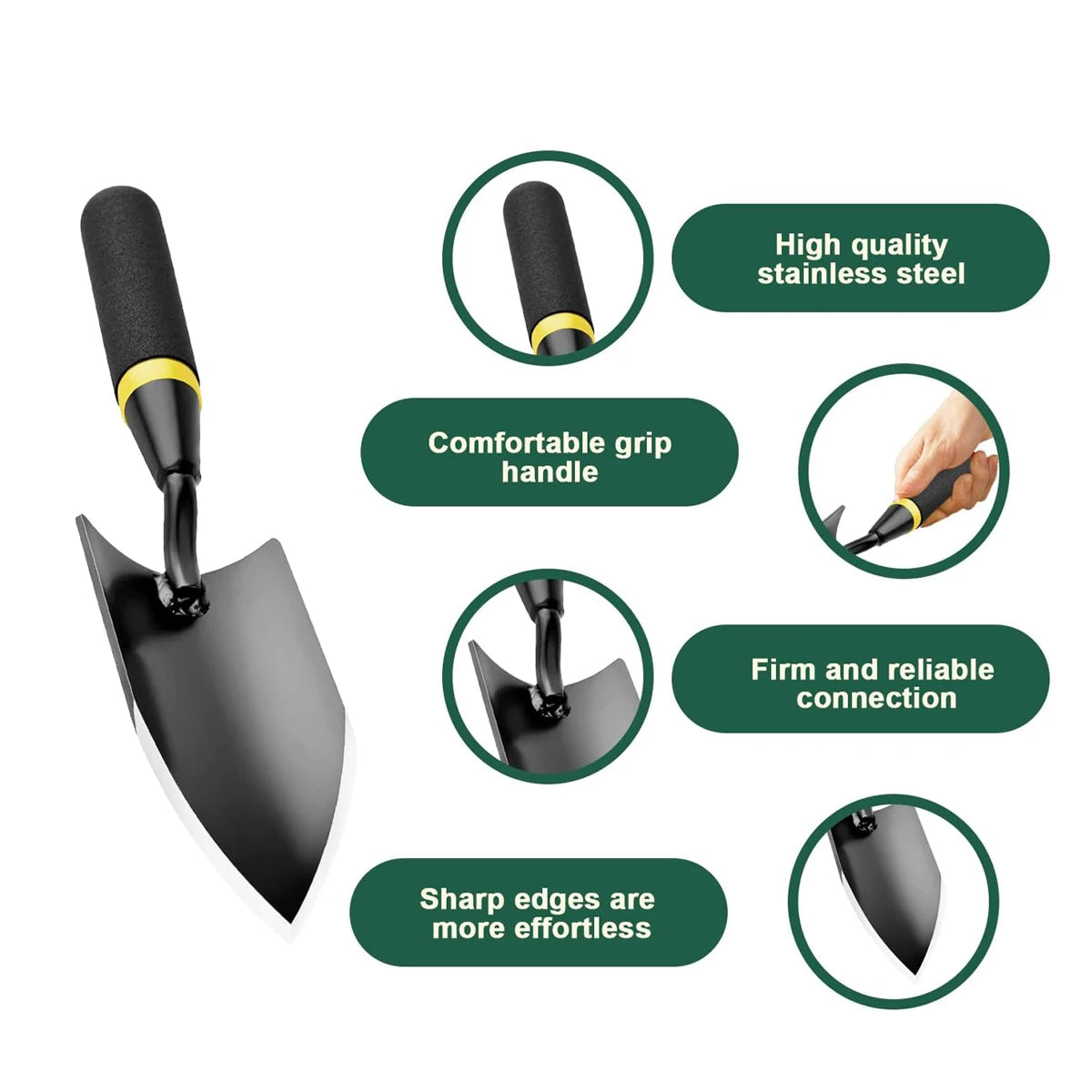 Pá de mão metálica para jardim com pega ergonómica