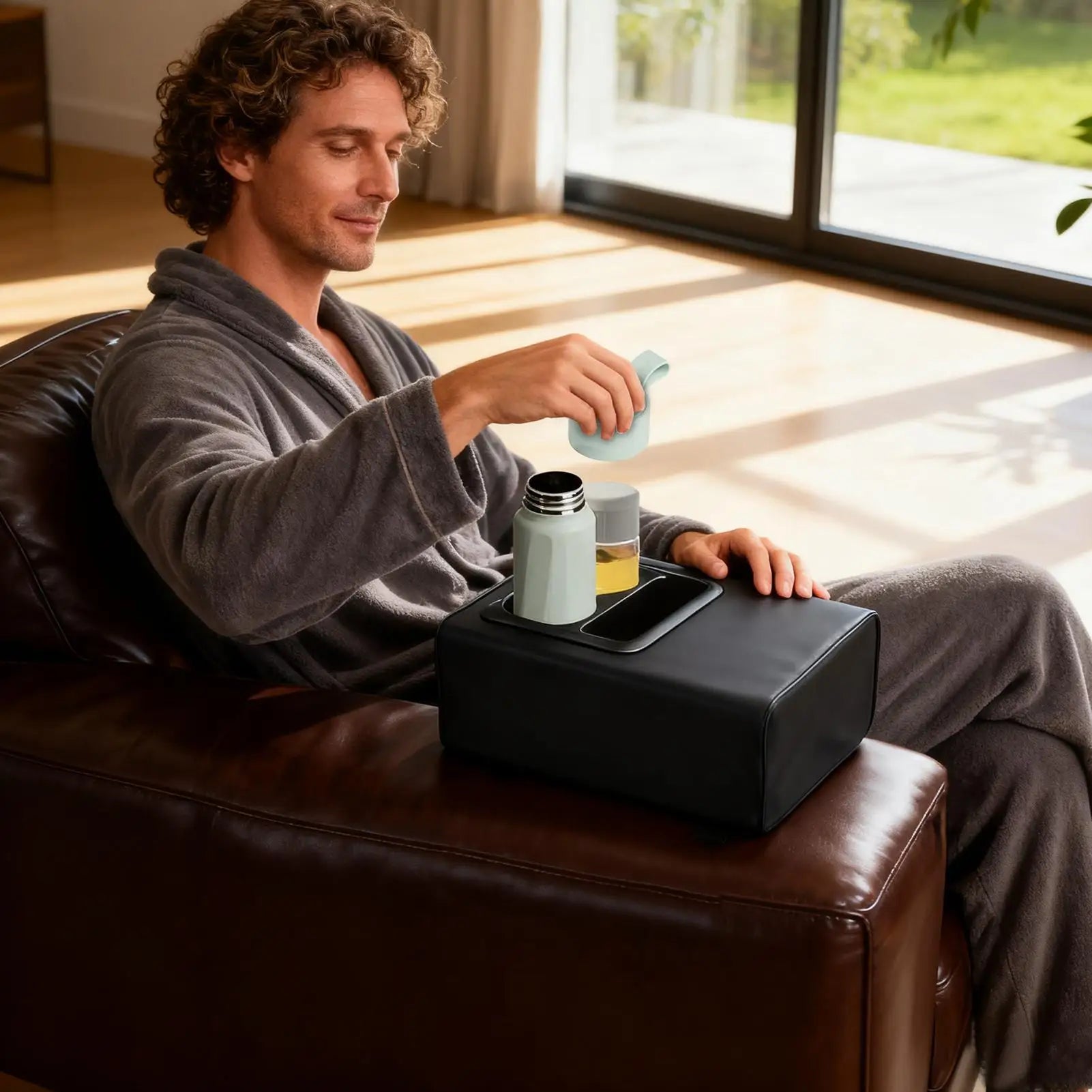 Rear Seat Armrest Booster Pad with Cup Holders and Double Pockets