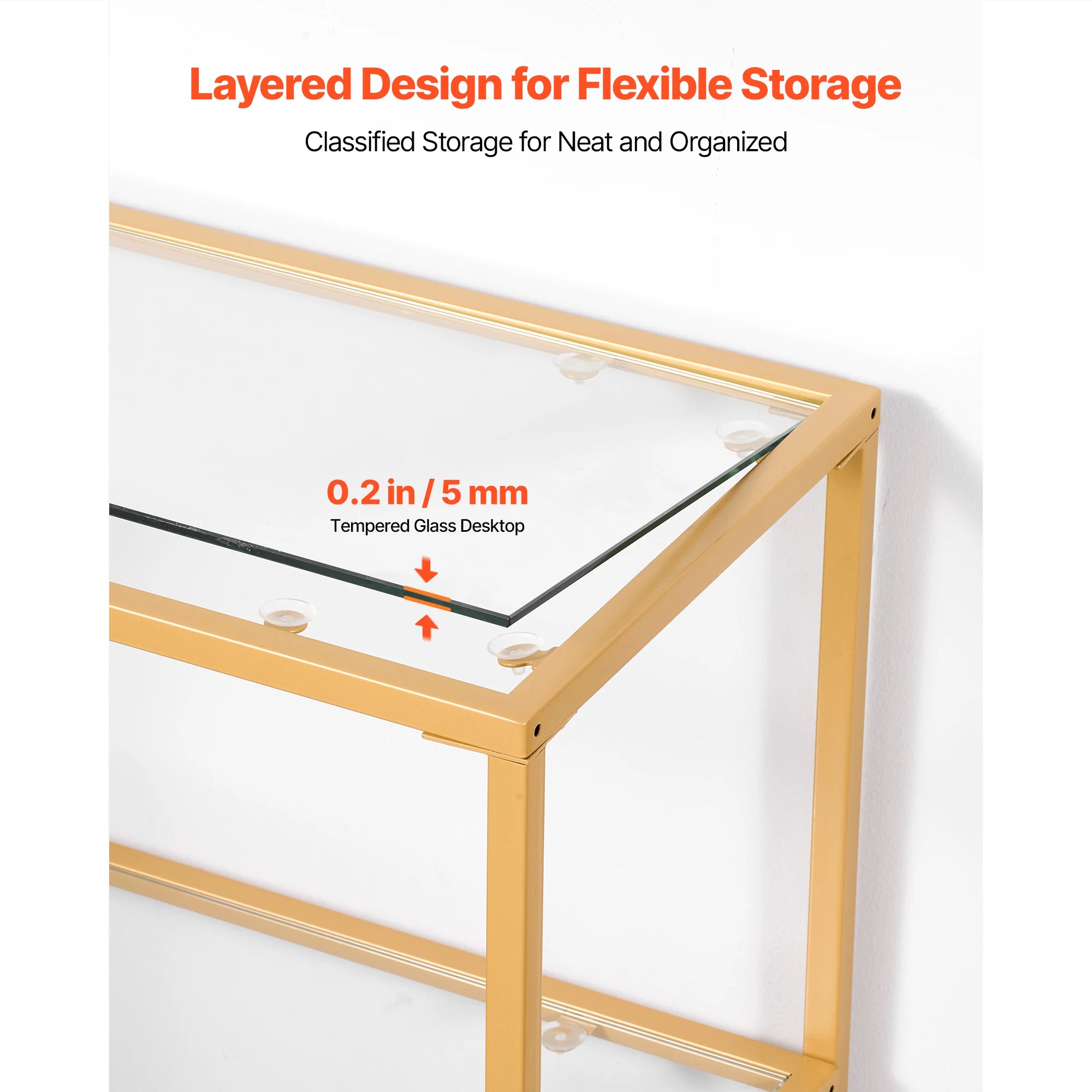 Modern Glass Console Table with Metal Frame, Multi-Tier Storage