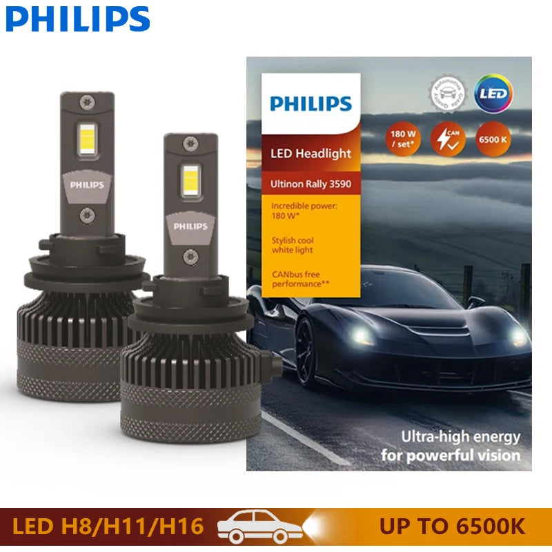 Philips Ultinon Rally 3590 H1 H4 H7 Auto LED-Scheinwerfer H8 H11 H16 HB3 HB4 HIR2 180W 15000LM Hochleistung 6500K Kaltweiß Beleuchtung