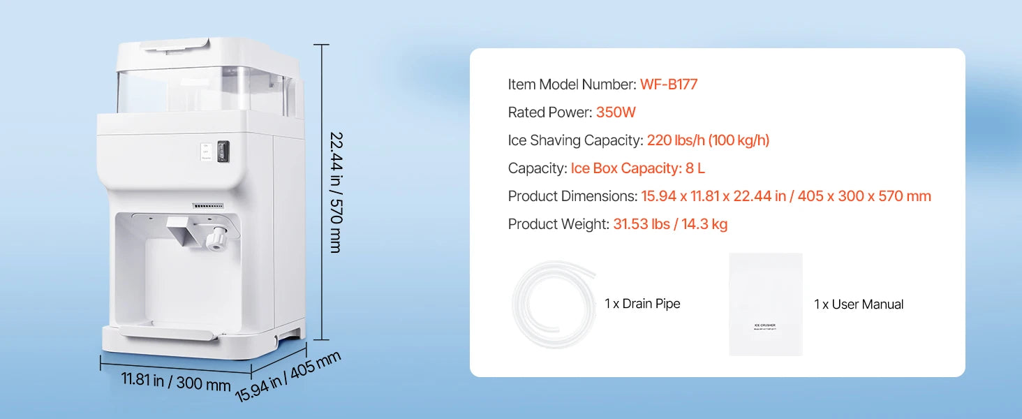 Commercial Ice Shaver Machine 220 lbs/hr Snow Cone Maker 110V