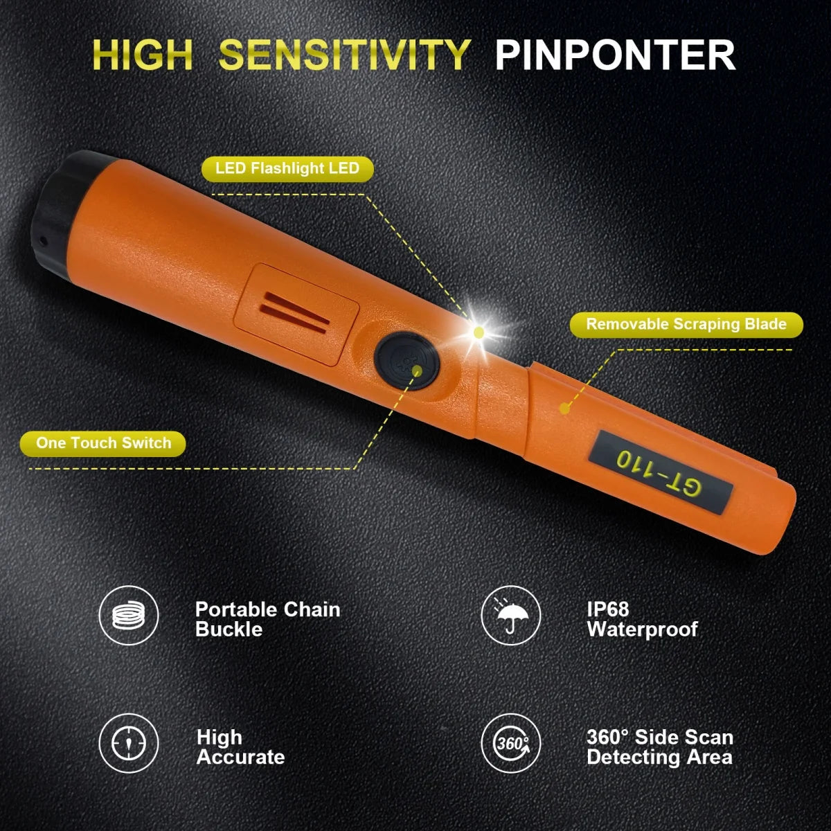 Treasure Hunter GT110 Handheld Metal Detector Pinpointer Probe Anti-scratch Pinpointing Waterproof 360 Degree Scan 