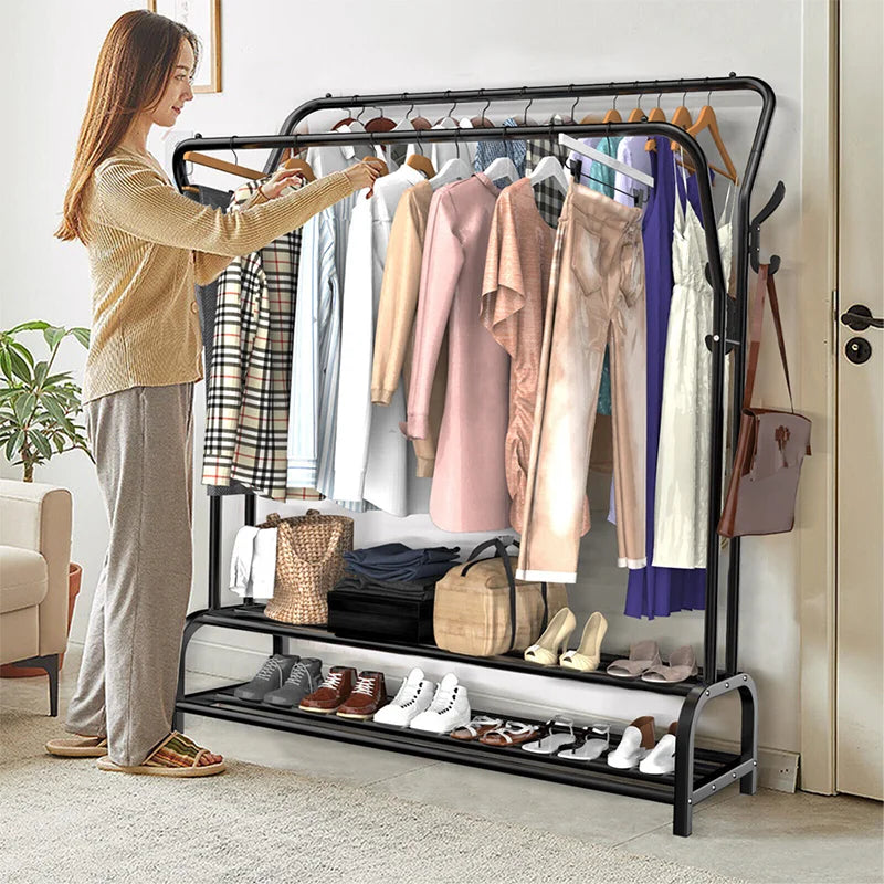 Double Rail Standing Clothes Rack with Storage Shelves