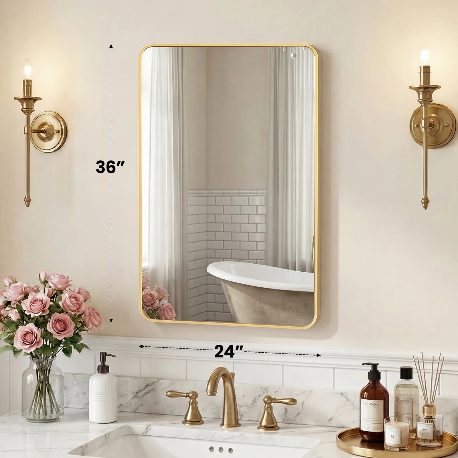 Rounded Rectangle Wall Mirror with Metal Frame, Tempered Glass