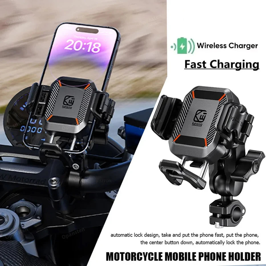 Shockproof Motorcycle Phone Holder 15W Wireless Charger & 36W USB C Fast Charging Motorbike Bicycle Bike Scooter Phone Stand 