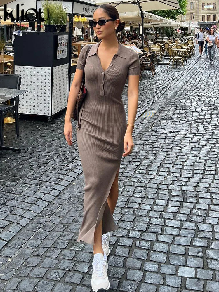 Kliou Elegant Office Lady Maxi Dress Women Solid Fashion Turn-down Collar Short Sleeve Button Side Slit Body-Shaping Street Robe 