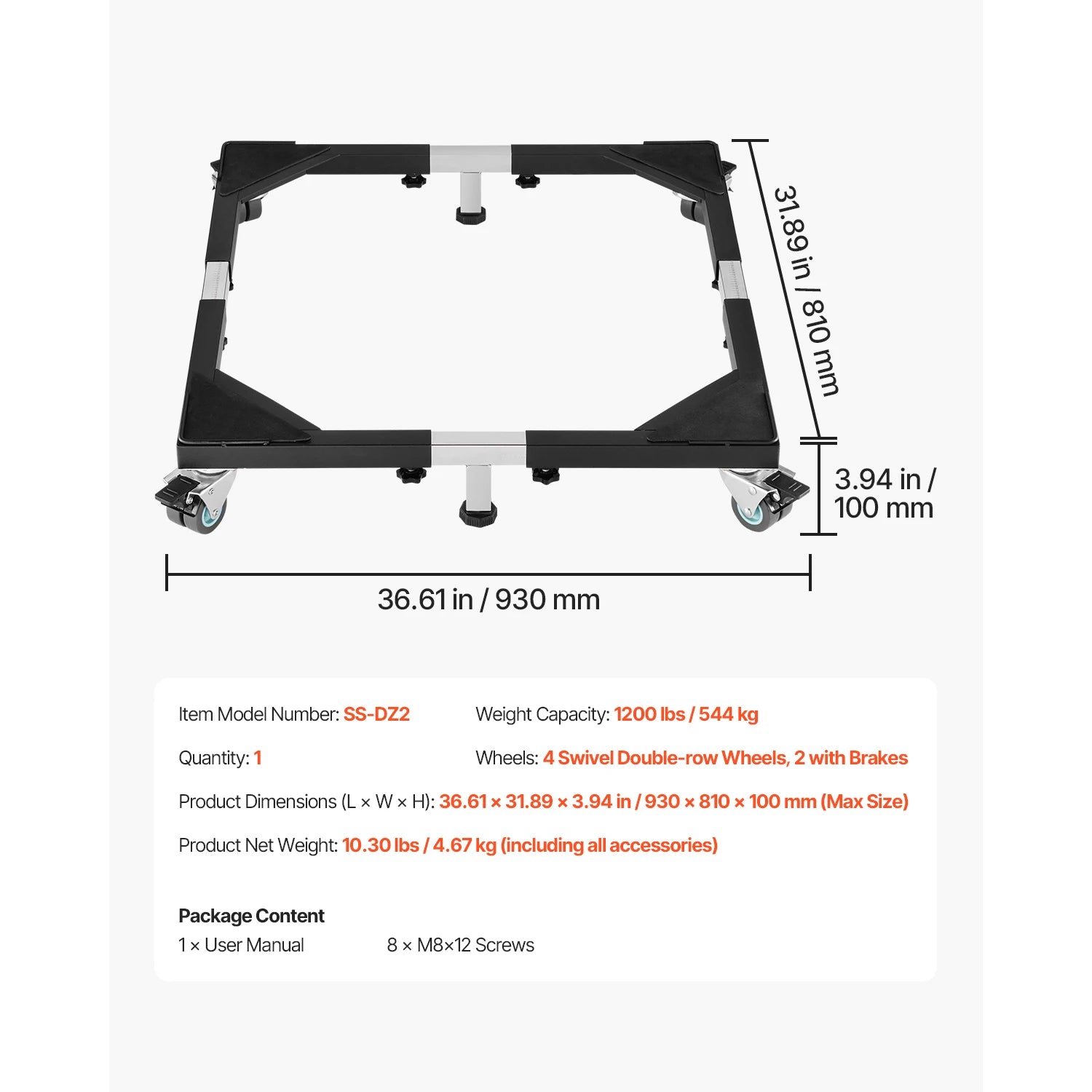 Adjustable Appliance Dolly Stand with Locking Wheels 1200 lbs Capacity