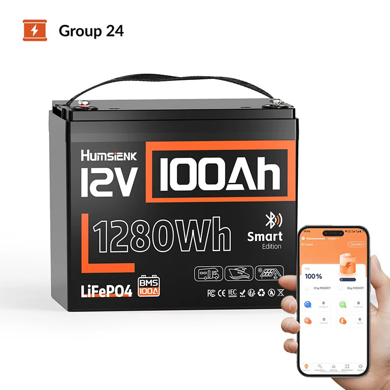12V 100Ah LiFePO4-batteri 1280Wh med Bluetooth og 100A BMS