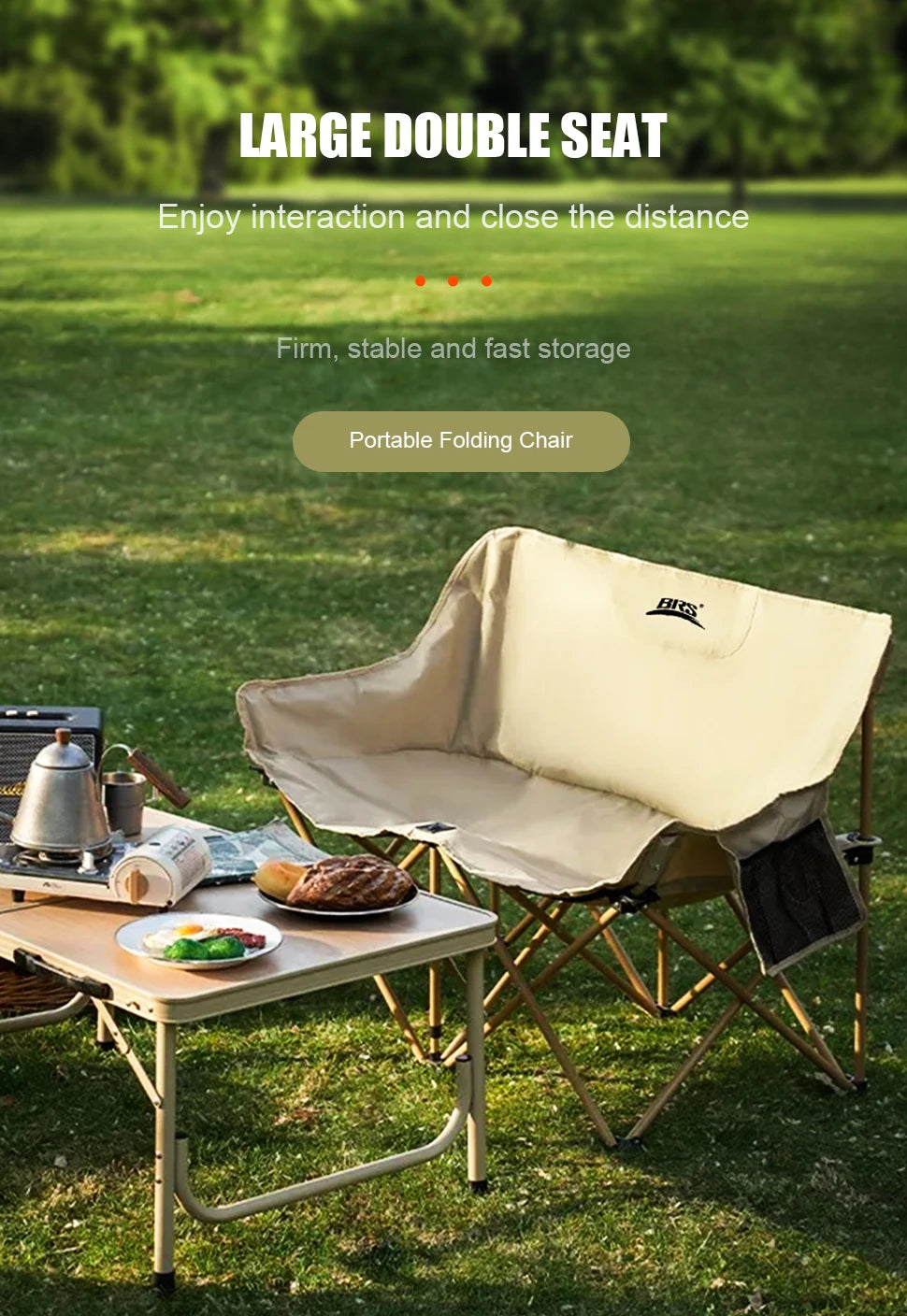 Double Camping Chair for Two with Storage Bags and Backrest