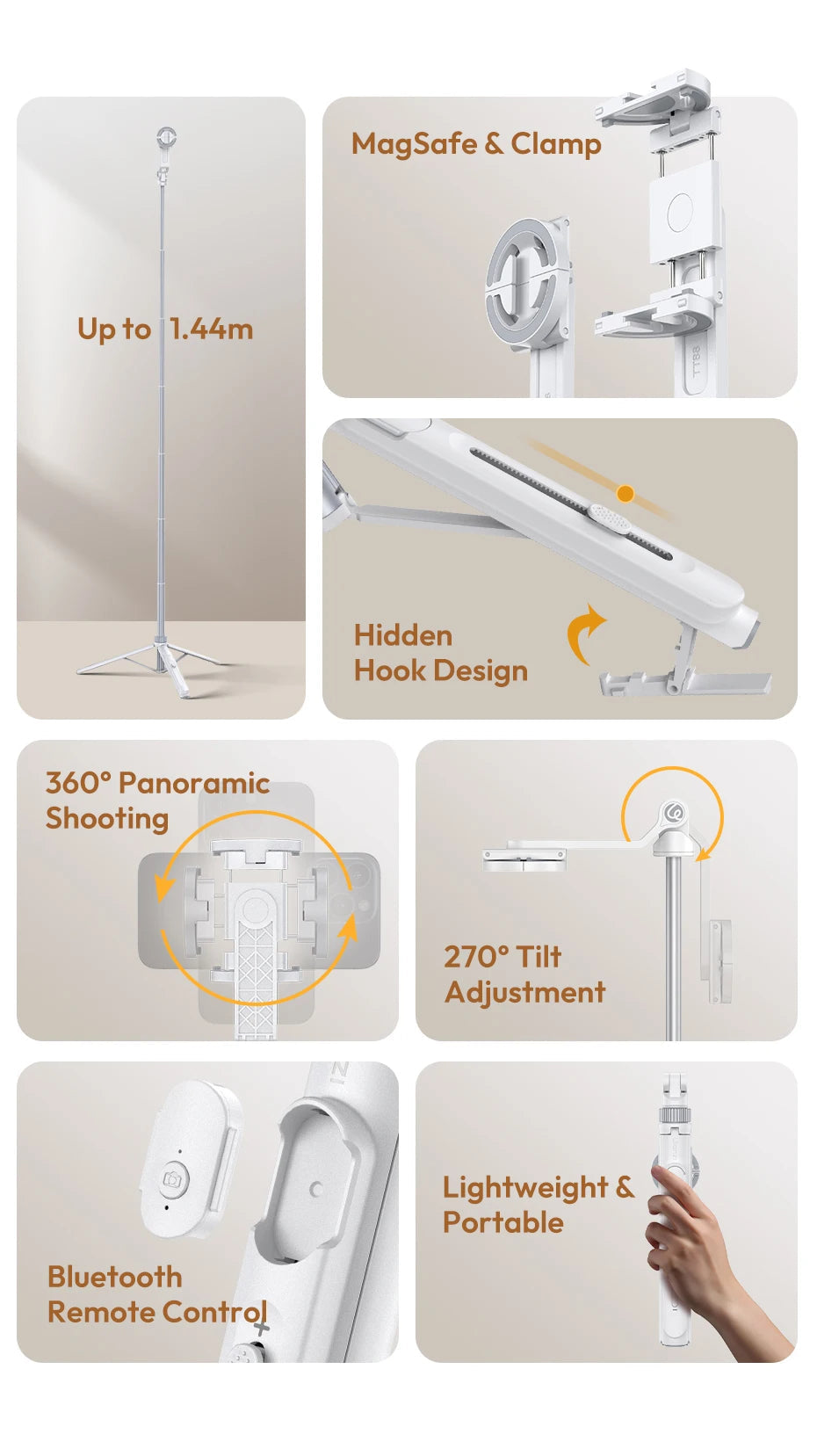 Ulanzi TT88 1.44M Overhead Selfie Stick Phone Tripod with Magnetic Clamp Wireless Remote Extension Tripod for LiveStreaming Vlog 