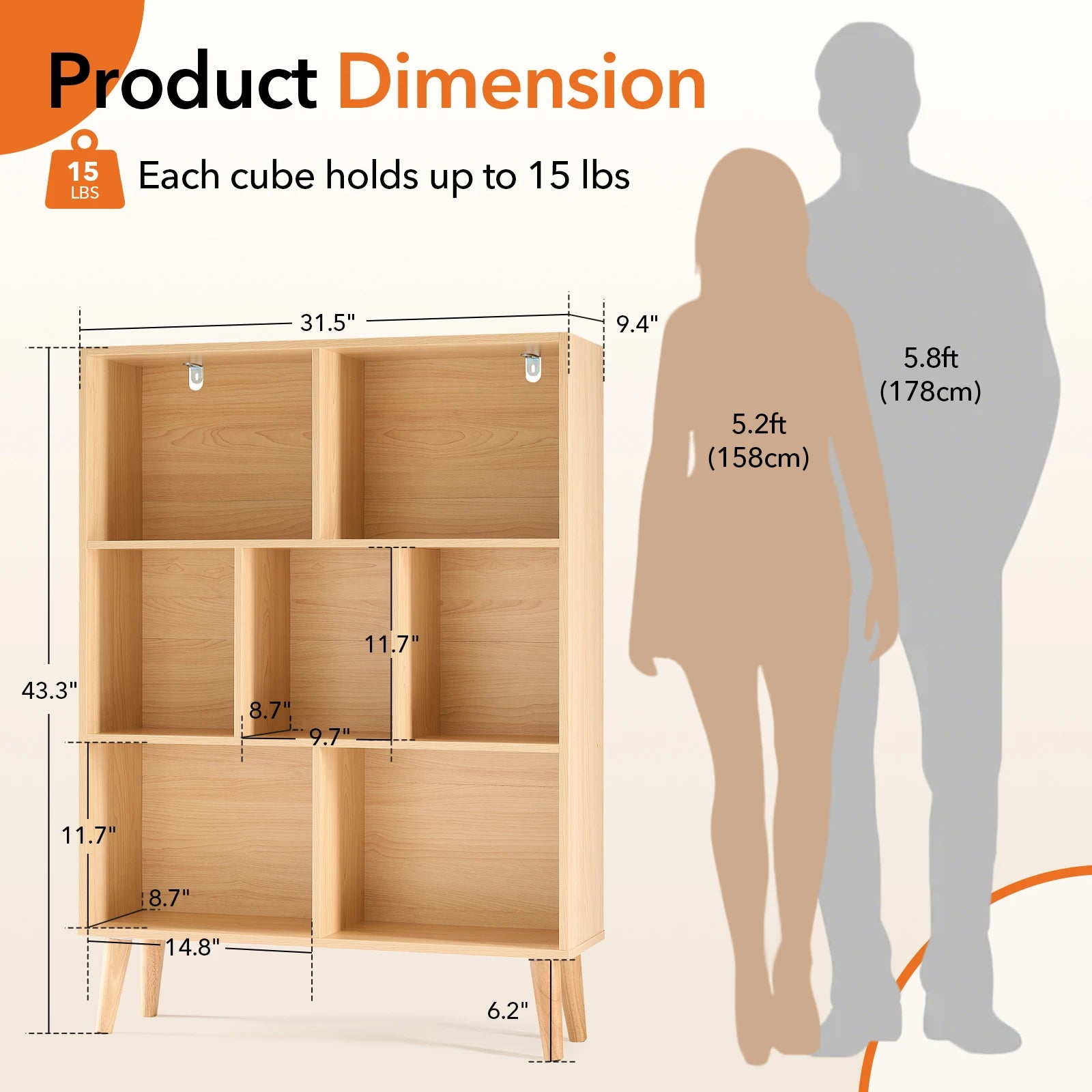 3 Tier Wooden Bookshelf with 7 Cubes and Adjustable Layout