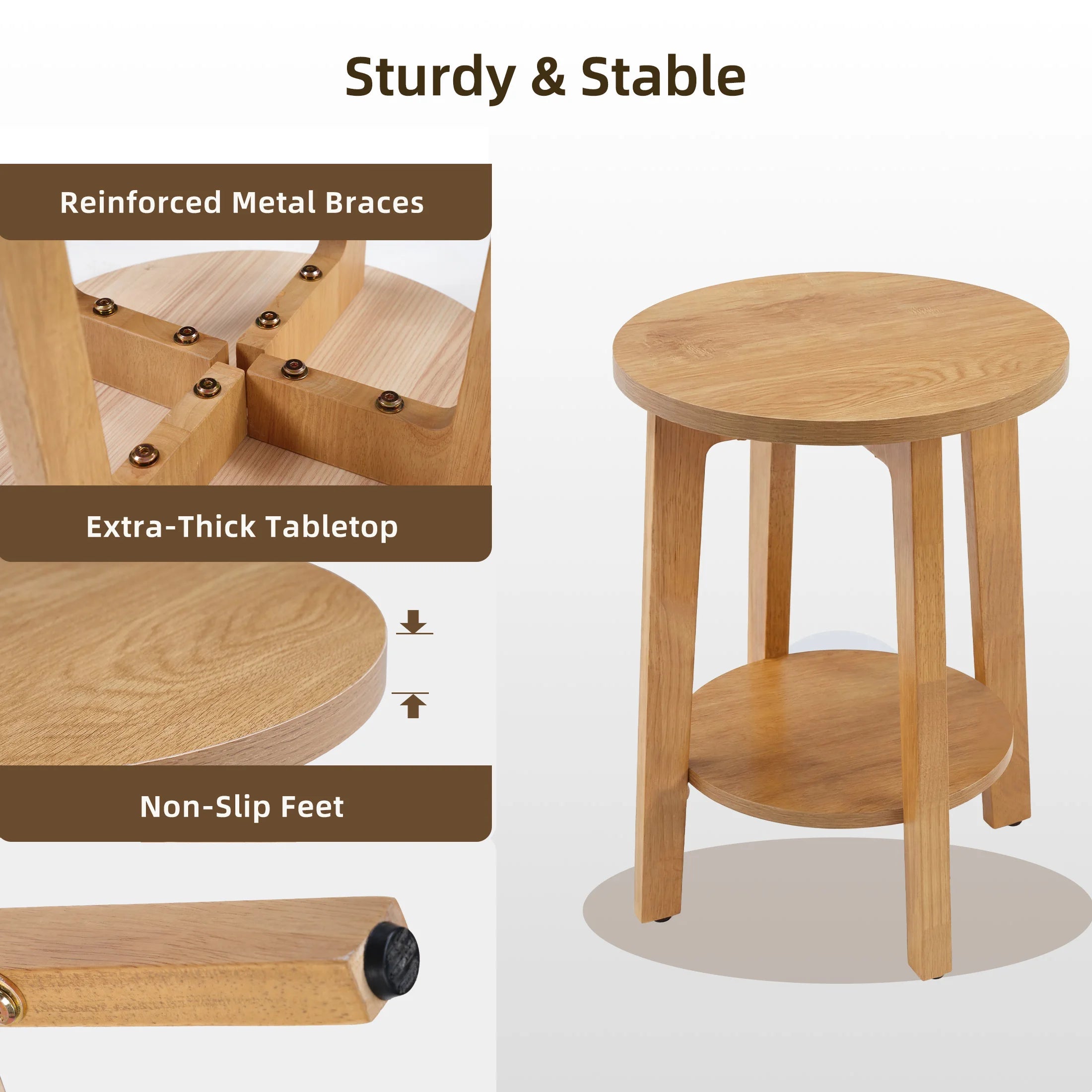 Okrugli drveni stolić sa dvoslojnim policama za pohranu za male prostore