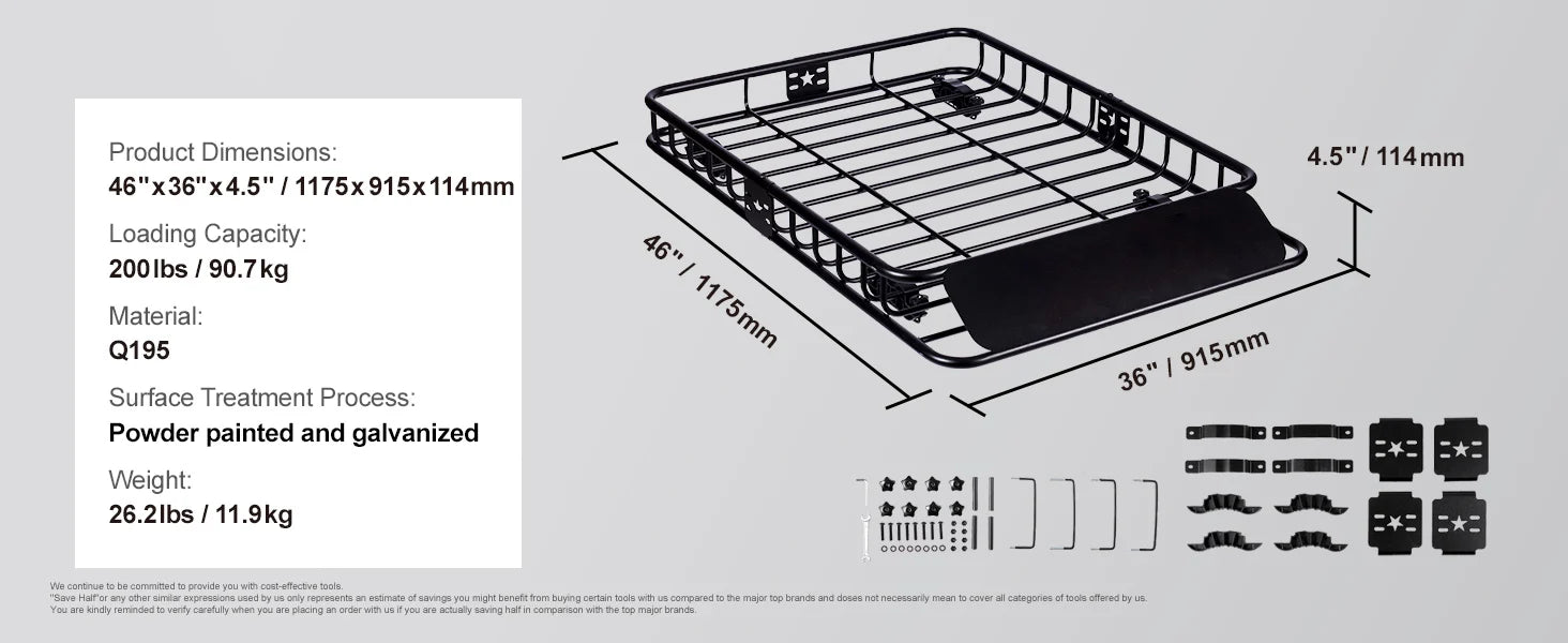 Roof Rack Cargo Basket 200lb Heavy-Duty Rooftop Carrier