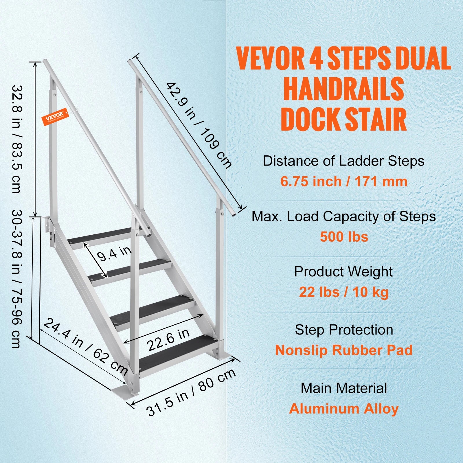 SucceBuy 4/6 Step Dual Handrails Dock Ladder Aluminum with Rubber Mat 30"-39" Adjustable Height for Lake Marine Boarding Pool