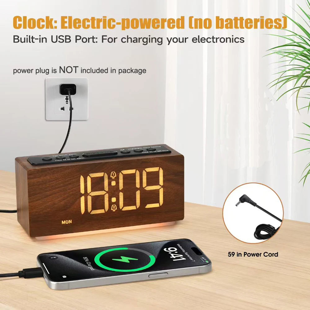 Modern Minimalist Digital LED Wooden Alarm Clock - Adjustable Brightness Nightlight & Snooze Function for Bedroom Decor